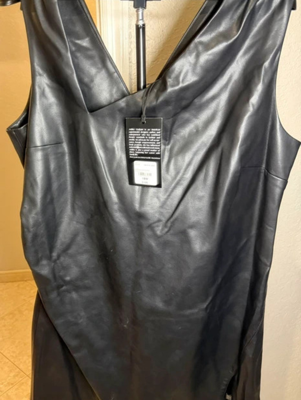 NWT Ashley Graham Faux Leather V-Neck Ruched Side Slit Dress Black 18W $100